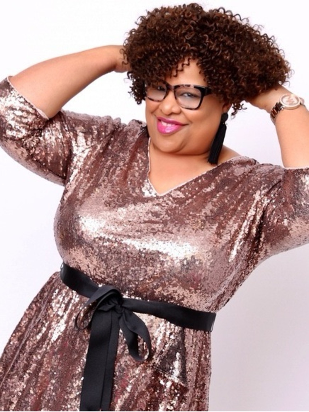 Lane Bryant Rose Gold Sequin V-Neck Dress with Black Trim